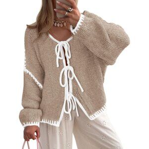 Women's Chunky Knit Tie Front Cardigan - Trendy Puff Sleeve Sweater Coat